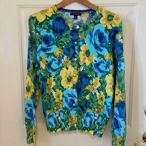LandsEnd flowered cardigan; size M 10-12; yellow/blue/green
